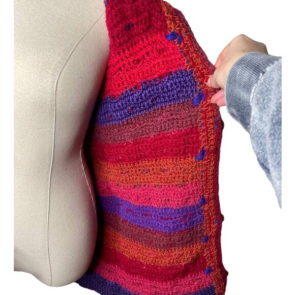 VINTAGE 60s XS Mod HAND KNIT Sweater Mini Dress $380 WOOL Puff Sleeves Red Blue - Picture 11 of 15